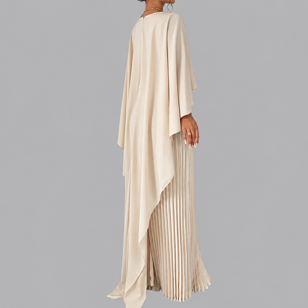 Women’s Pleated Maxi Dress Cape Sleeve Wedding Guest Outfit