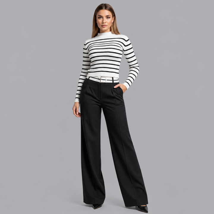 Women’s Striped Knit Co Ord Set High Neck Sweater &amp; Wide Leg Trousers