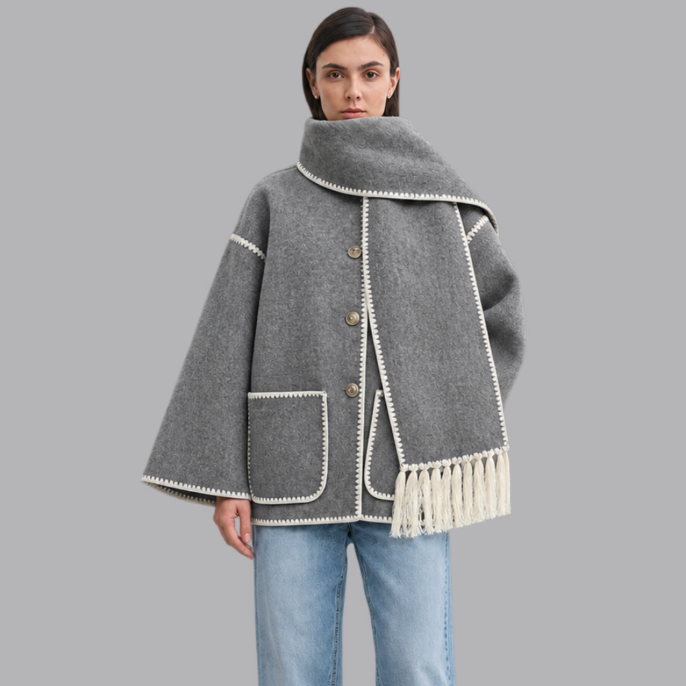 Women’s Oversized Cape Coat Contrast Trim Fringed Scarf