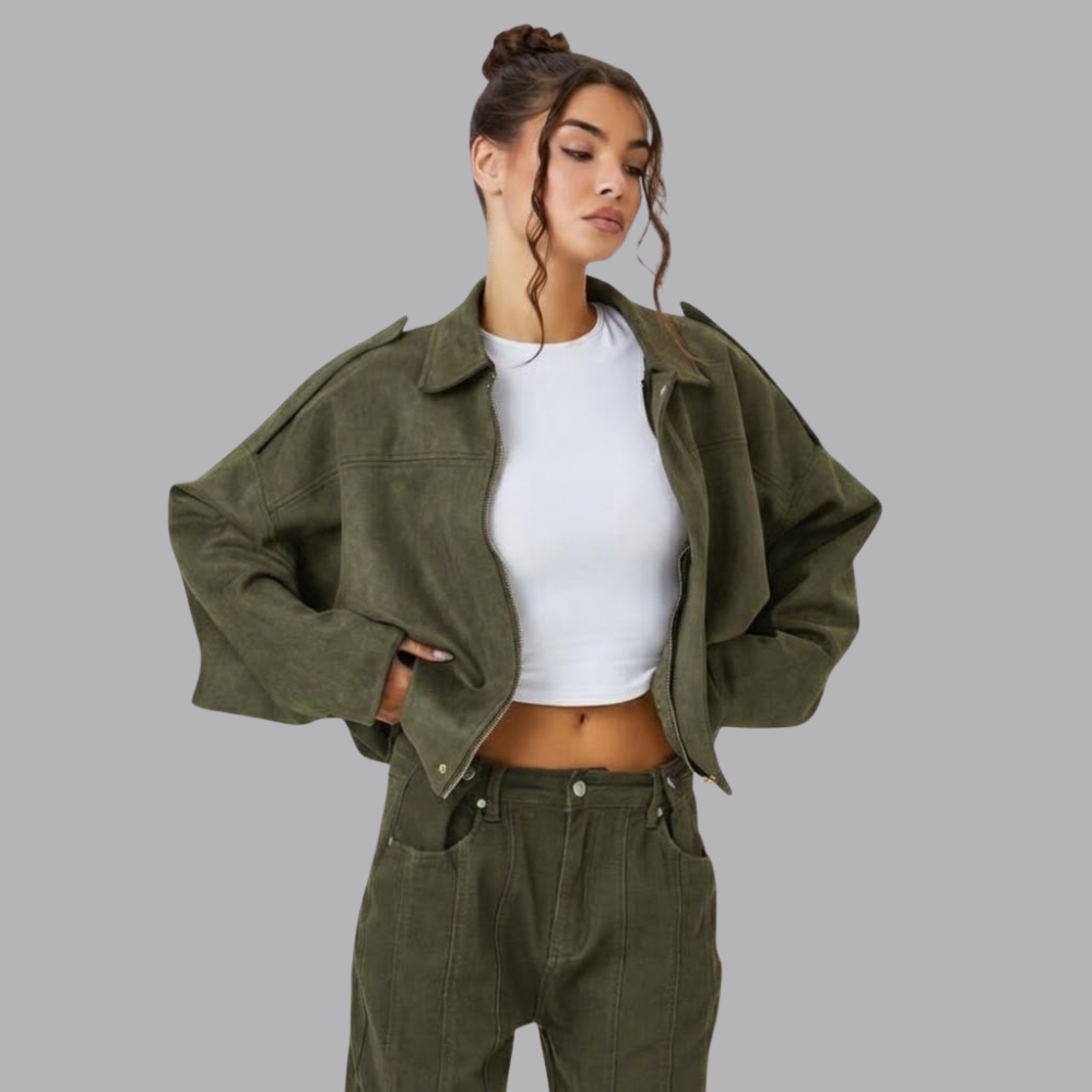 Women’s Oversized Cropped Suede Look Jacket Collared Long Sleeve