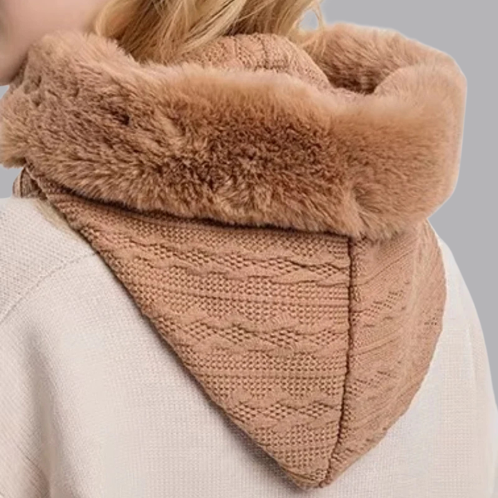 Women’s Knitted Balaclava Hood Scarf Faux Fur Trim Winter Snood