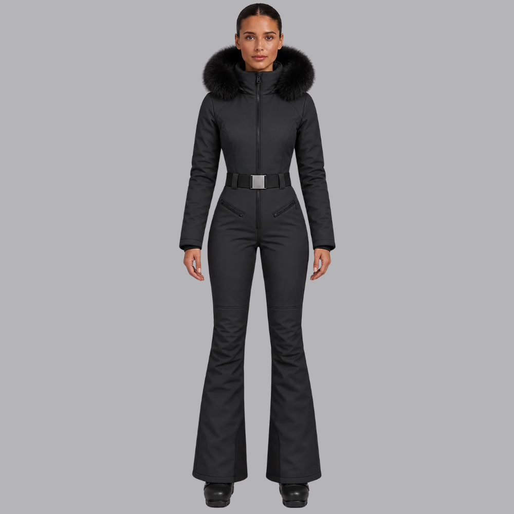 Women’s Padded Ski Suit Faux Fur Hood Belted Waist Flared Trousers