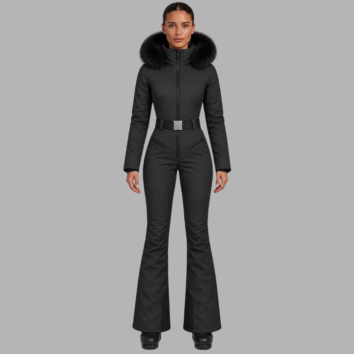 Women’s Padded Ski Suit Faux Fur Hood Belted Waist Flared Trousers