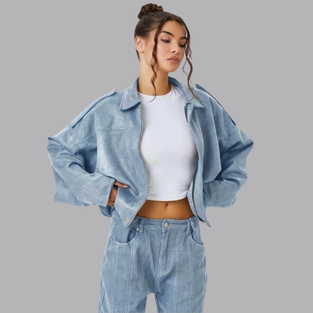Women’s Oversized Cropped Suede Look Jacket Collared Long Sleeve