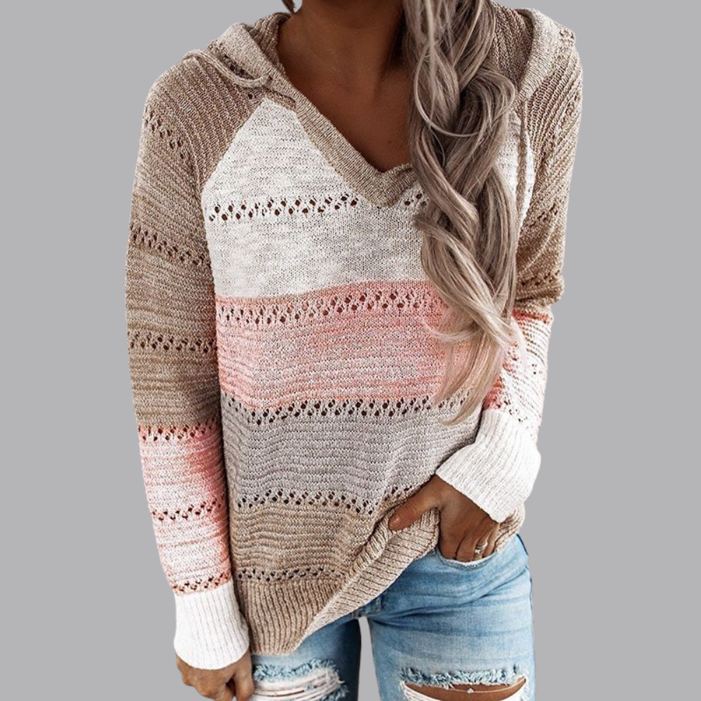 Women’s Striped Hooded Knit Cardigan V Neck Long Sleeve