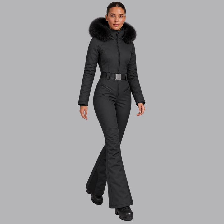 Women’s Padded Ski Suit Faux Fur Hood Belted Waist Flared Trousers