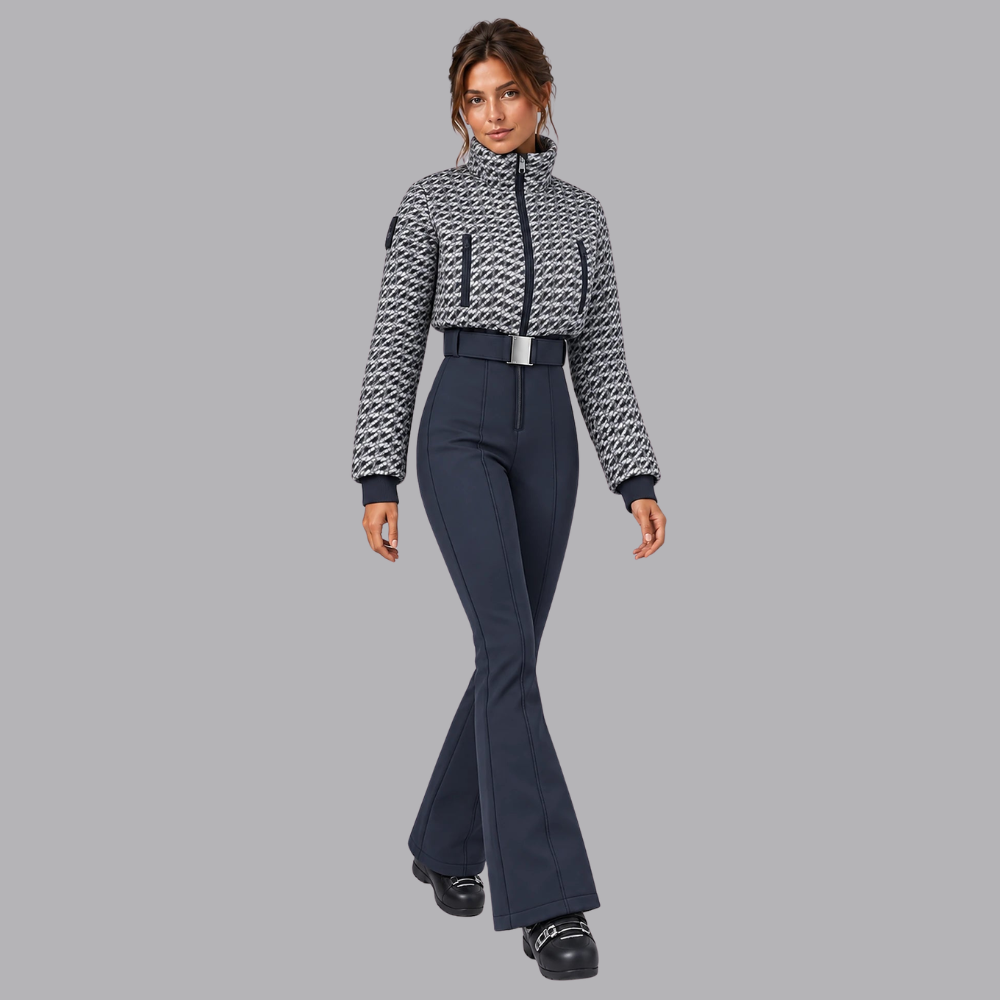 Women’s Padded Ski Suit Faux Fur Hood Belted Waist Flared Trousers