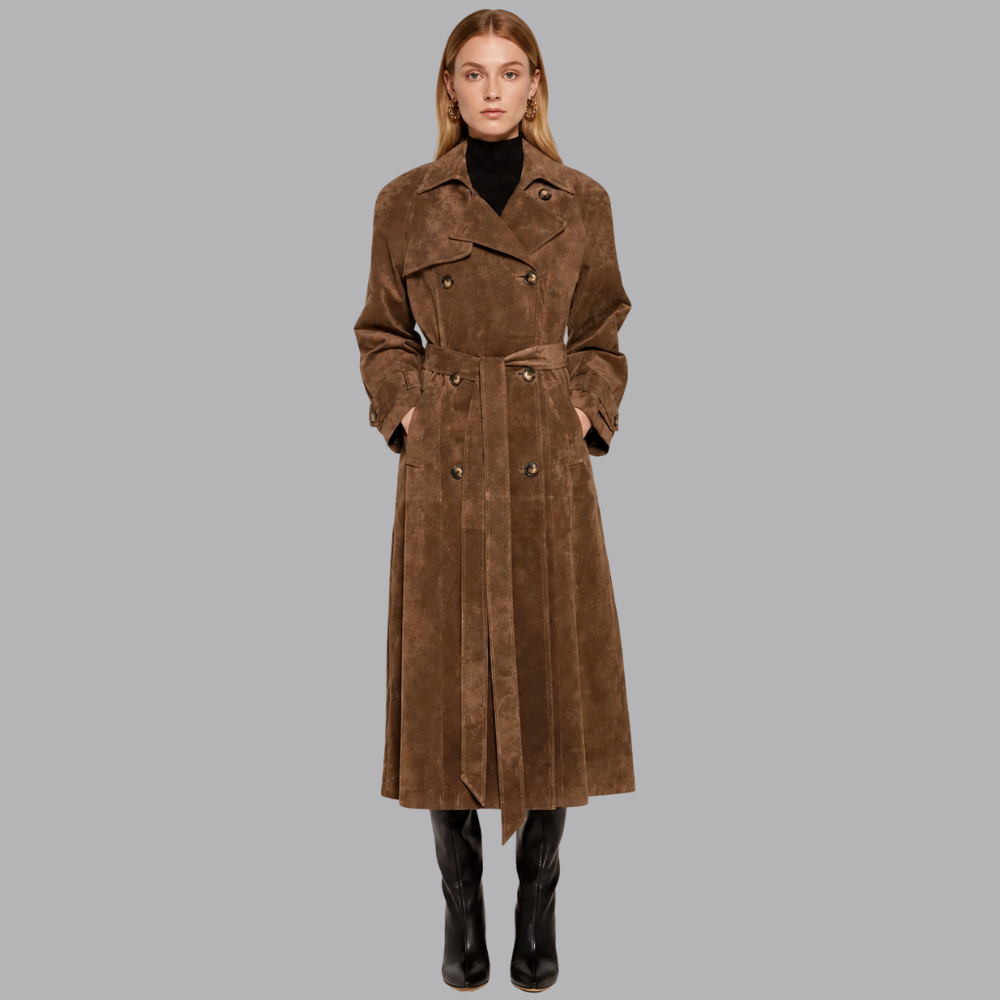 Women’s Suede Trench Coat Double Breasted Belted Longline