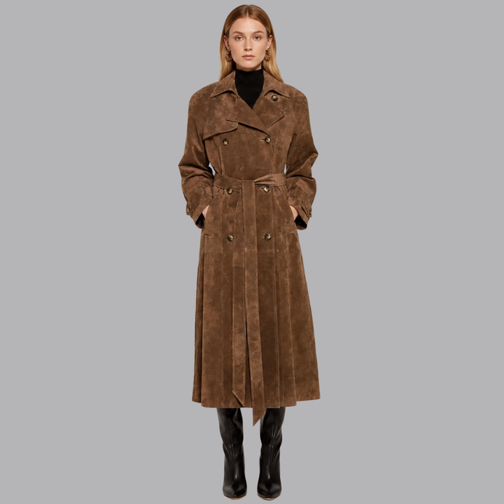 Women’s Suede Trench Coat Double Breasted Belted Longline