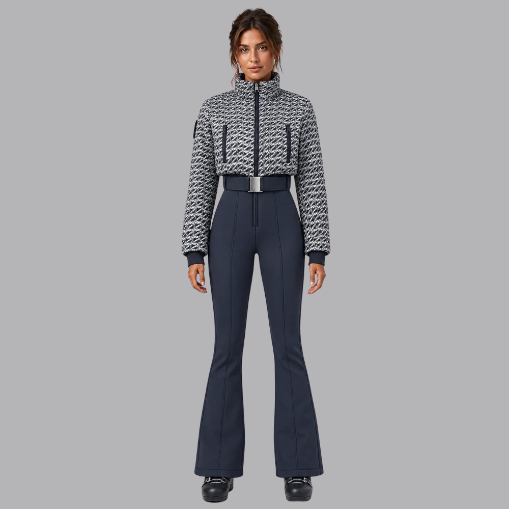 Women’s Padded Ski Suit Faux Fur Hood Belted Waist Flared Trousers