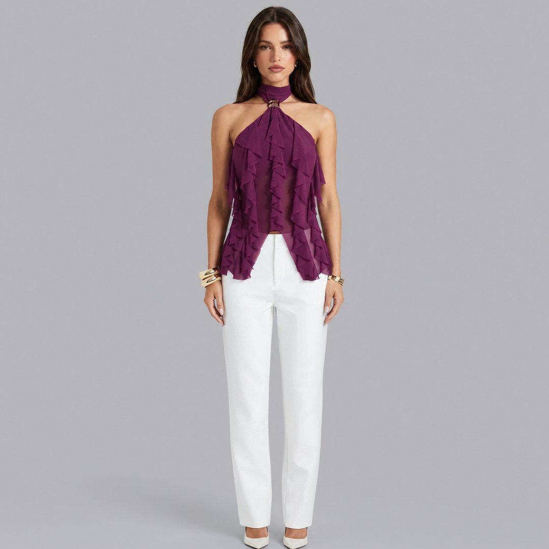 Women’s Ruffle Halter Neck Top Back Tie Sleeveless Blouse