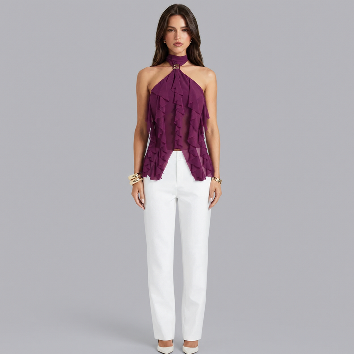 Women’s Ruffle Halter Neck Top Back Tie Sleeveless Blouse