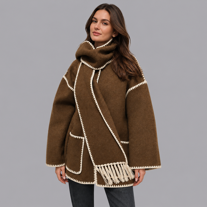 Women’s Oversized Cape Coat Contrast Trim Fringed Scarf